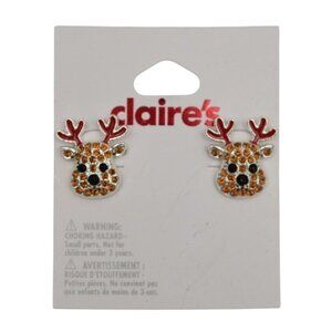 Claires Reindeer Stud Earrings With Rhinestones & Red Antlers